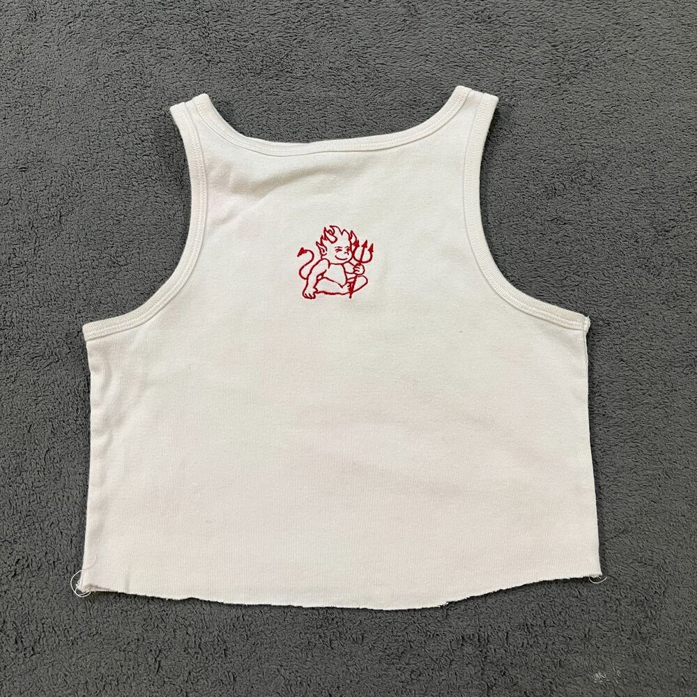 John Galt Brandy Melville White Devil Graphic Ribbed Crop Tank Top-Women's Sz M